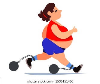 Fat fat woman in a tracksuit and shorts is running. Doing sports for health. Weights are chained to the legs on a chain. Disease of varicose veins on the legs. Vector illustration in cartoon style.