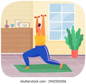 Fat woman training with dumbbells at home. Obese, fat, chubby woman doing weightlifting exercises
