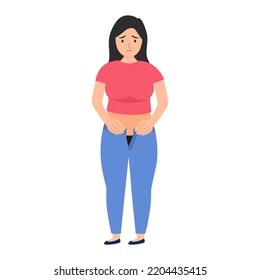 Fat woman try zip her tight Jeans in flat design on white background.