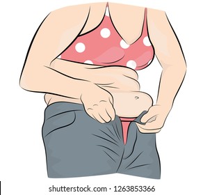 fat woman trying to fasten her pants. weight loss concept. vector illustration.