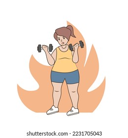 Fat woman trying to focus on exercising to lose weight,intense training program calorie burning,Lifting dumbbells and having flames behind them,Vector illustration.
