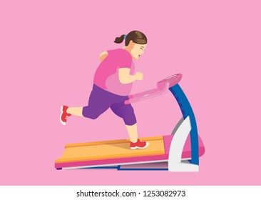 Mujer gorda tratando de perder grasa con correr en el molino eléctrico. Ilustración sobre ejercicio y salud.