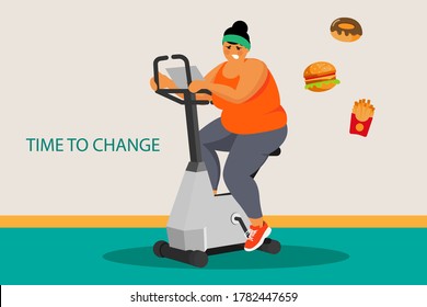 Fat woman trying to lose fat with running on Electric Treadmill. Illustration about exercise and health.