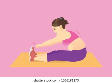 Fat Woman trying to reaching hand out to touch her toe for body Stretching. Illustration about Exercise and health.