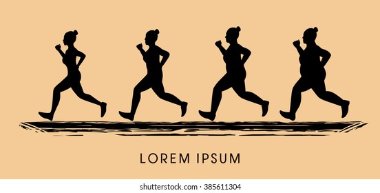 Fat woman turning into Thin designed using grunge brush graphic vector.