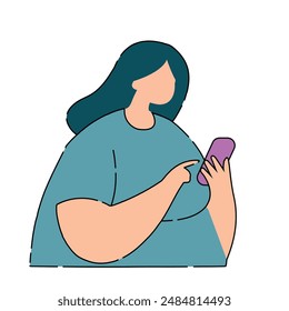 Fat woman typing a phone flat vector illustration on white background.