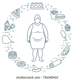 Fat woman with unhealthy lifestyle symbols around her. Harmful eating habits. Design for banner and print.