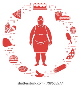 Fat woman with unhealthy lifestyle symbols around her. Harmful eating habits. Design for banner and print.