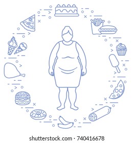 Fat woman with unhealthy lifestyle symbols around her. Harmful eating habits. Design for banner and print.