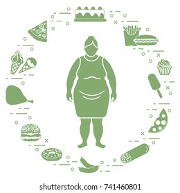 Fat woman with unhealthy lifestyle symbols around her. Harmful eating habits. Design for banner and print.