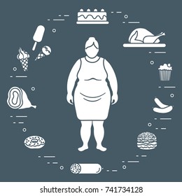 Fat woman with unhealthy lifestyle symbols around her. Harmful eating habits. Design for banner and print.