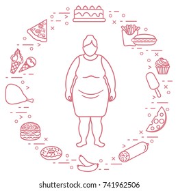 Fat woman with unhealthy lifestyle symbols around her. Harmful eating habits. Design for banner and print.