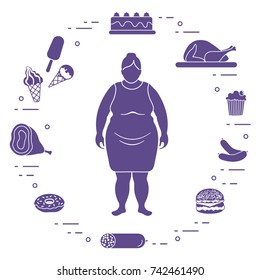 Fat woman with unhealthy lifestyle symbols around her. Harmful eating habits. Design for banner and print.