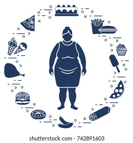 Fat woman with unhealthy lifestyle symbols around her. Harmful eating habits. Design for banner and print.