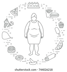 Fat woman with unhealthy lifestyle symbols around her. Harmful eating habits. Design for banner and print.