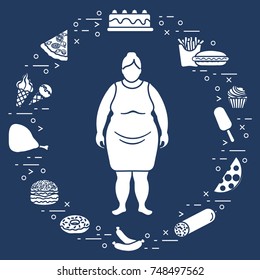 Fat woman with unhealthy lifestyle symbols around her. Harmful eating habits. Design for banner and print.