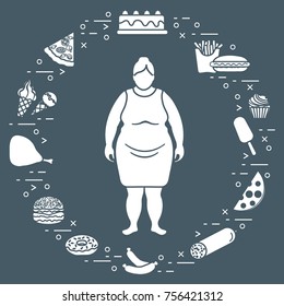 Fat woman with unhealthy lifestyle symbols around her. Harmful eating habits. Design for banner and print.