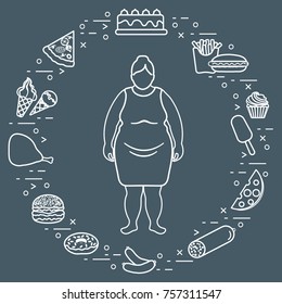 Fat woman with unhealthy lifestyle symbols around her. Harmful eating habits. Design for banner and print.