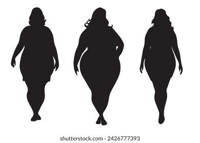 Fat woman vector silhouette on a white background. Fat girl in different poses.