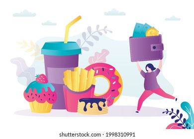 Una mujer gorda con billetera corre a pagar la comida rápida. Comida variada para llevar. Concepto de estilo de vida no saludable y problema de obesidad. La chica con sobrepeso paga en efectivo por la comida chatarra. Ilustración vectorial plana de moda