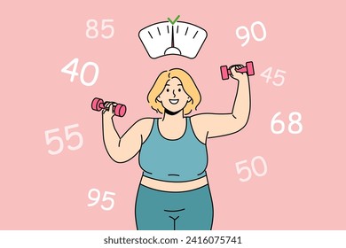 Fat woman wants to lose weight and become slimmer by doing fitness in gym and lifting dumbbells. Overweight girl leads sporty lifestyle to lose weight without resorting to diet or liposuction