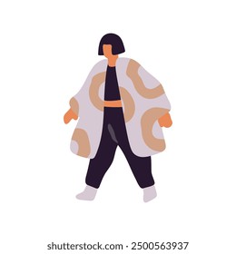 Fat woman wears casual clothes. Plus size, obese lady walks. Person with heavy weight, overweight goes. Chunky girl with bob haircut strolls. Flat isolated vector illustration on white background