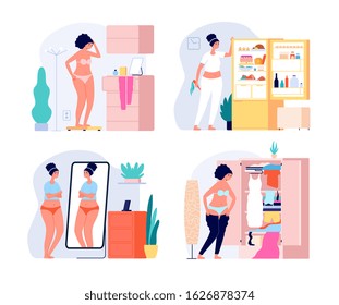 Fat woman. Weight problems, size plus girl and mirror. Unhappy female in underwear, depression due obesity. Body positive vector concept