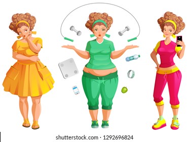 Fat woman weignt loss. Fitness and diet is path to health and beauty. Isolated on white set vector cartoon illustration