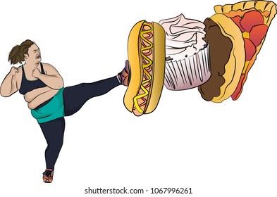 A fat woman who disgustedly pushes pizza, a donut, a cupcake and a hot dog.