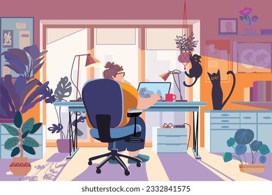 Fat woman working on a laptop while sitting at the table in a cozy interior. Adult or young programmer guy employee or student, wearing casual plus size wear. Vector flat style cartoon illustration