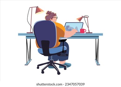 Fat woman working on a laptop while sitting at the table in a cozy interior. Adult or young programmer guy employee or student, wearing casual plus size wear. Vector flat style cartoon illustration