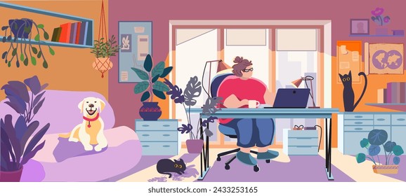 Mujer gorda que trabaja en un ordenador portátil mientras se sienta en la mesa en un interior acogedor. Perro y gato. Aceptamos mascotas. Hombre programador adulto o joven que usa ropa casual de talla grande. Ilustración de vector