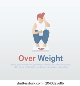 Fat woman worry sit on electronic scales,Overweight and Obese people,problems feeling stressed,Healthcare concept,Vector illustration.