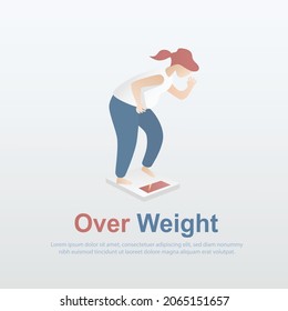 Fat woman worry stand on electronic scales,Overweight and Obese people,problems feeling shock and stressed,Healthcare concept,Vector illustration.