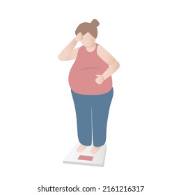 Fat woman worry,standing  on weight scale machine,it was time to lose weight,Overweight and obesity concept,Vector illustration.