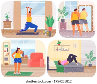 Fat woman's daily routine set of four scenes with oversize lady stands on scales and plays sports