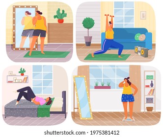 Fat woman's daily routine set of four scenes with oversize unhappy lady stands on scales and plays sports. Female daily life, everyday. Body positive lady looks at her reflection in mirror at home