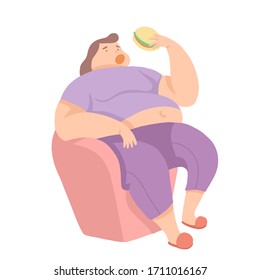 Fat women eating fast food hamberger. Overweight people eating  hamburger. Hate to diets. Business for fat people concept.