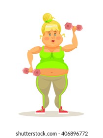 Fat women exercising. Vector flat cartoon illustration