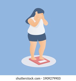 Fat women feel worry and scared to weigh body self,If go up and overweight,weight scale,Healthcare concept cartoon,character vector design.