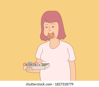 Fat women happy to eating donuts, Happy concept and Food concept, Flat vector design	