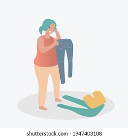 Fat women look at same pants that are small in size,But before, she can wear to fit her body shape,because she is too fat,tight, fit,too small,body over weight, sad,afraid,unhappy,big size,diet,vector