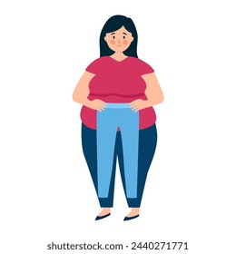 Fat women look at same pants that are small size in flat design on white background.