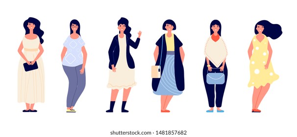 Fat women. Plus size young overweight lady in casual clothes. Beautiful curvy, plump female models. Chubby girl vector isolated set