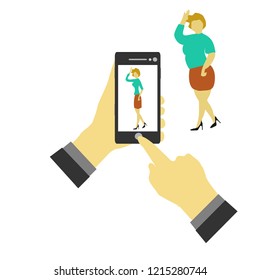 
Fat women are posing posed by mobile phones on white background