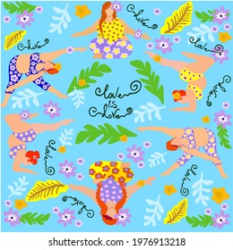 Fat women in sports clothes do yoga, surrounded by leaves and the words "love".