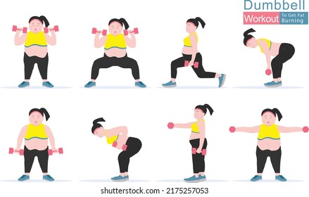 Fat women work out with dumbbell and fitness training. Concept for weight loss of fat burning. Vector Illustration.