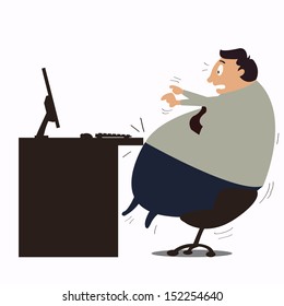 Too fat at work. Businessman struggles himself at work because he becomes too fat. Obesity concept in business. 