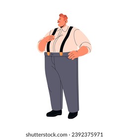 Fat worker in trousers with suspenders. Chubby adult man with mustache standing. Chunky character with big weight, overweight. Body positive. Flat isolated vector illustration on white background