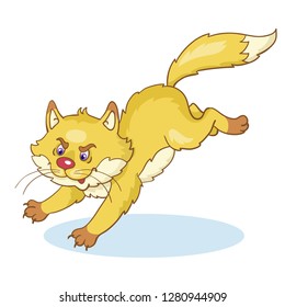 Fat yellow cat in cartoon style running for prey. Isolated on white background.Vector illustration.